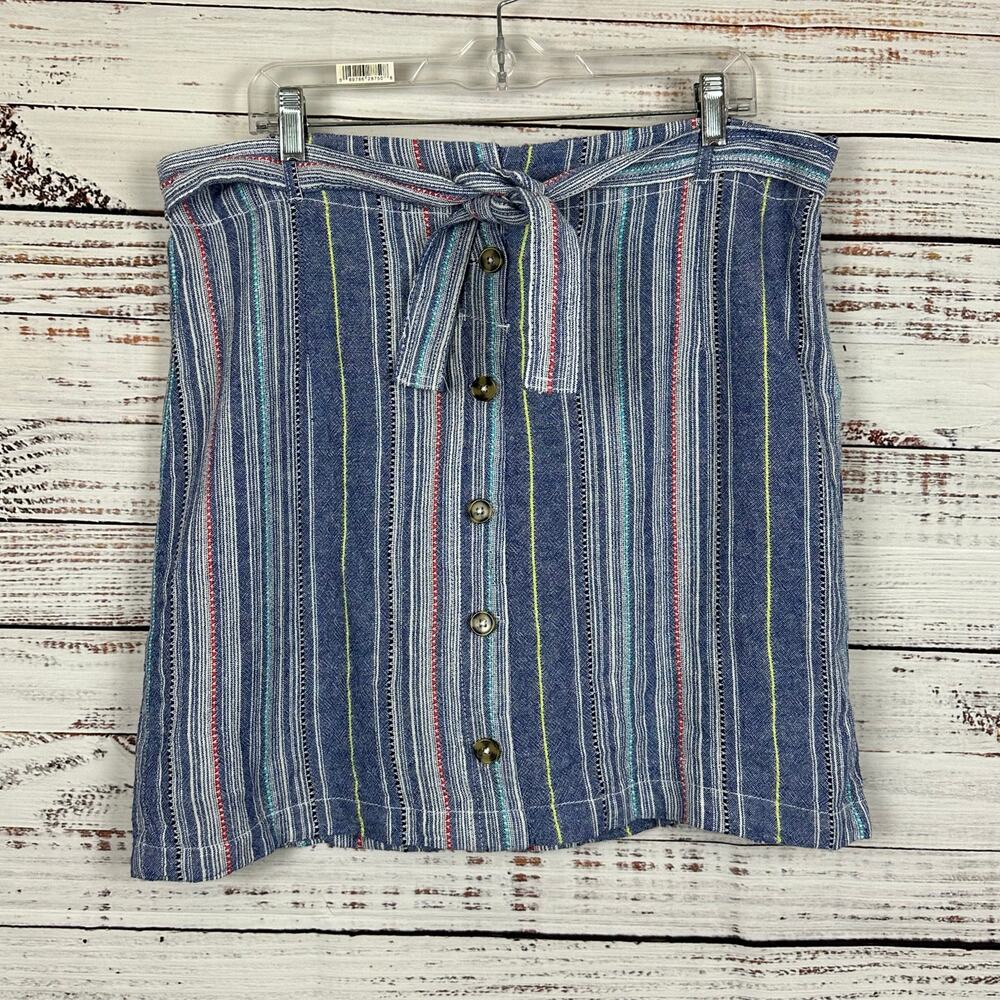Womens DASH Blue Stripe Linen Blend Mini Skirt Skort Tie Waist Coastal Casual L